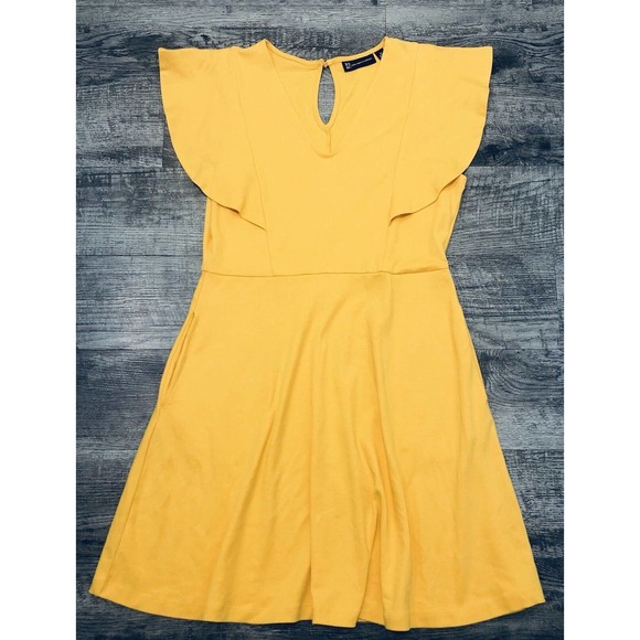 New York & Company Dresses & Skirts - New York & Company Yellow Sz M Dress Ruffle Sleeve Pockets Tunic V- Neck Midi E2